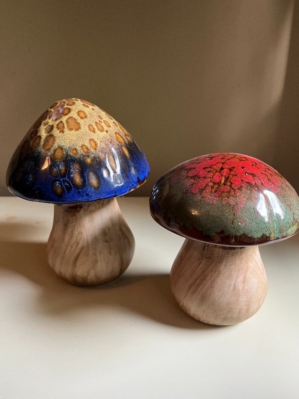 Mushrooms, 2 Ceramic Mushrooms Multicolor Blue Brown & Red Olive